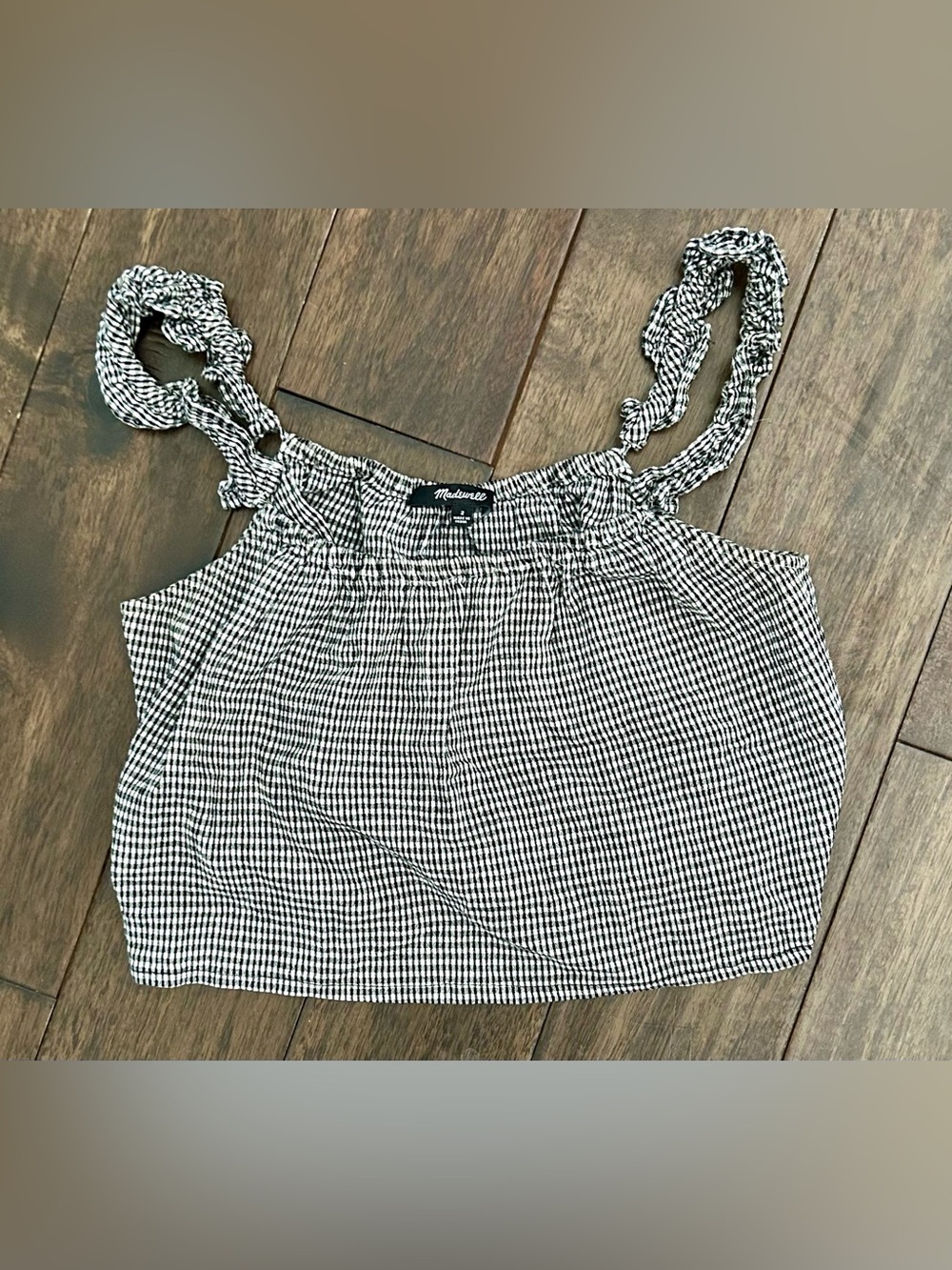Madewell Black White Gingham Ruffle Strap Crop Tank Top Size 2 - Picture 2 of 4